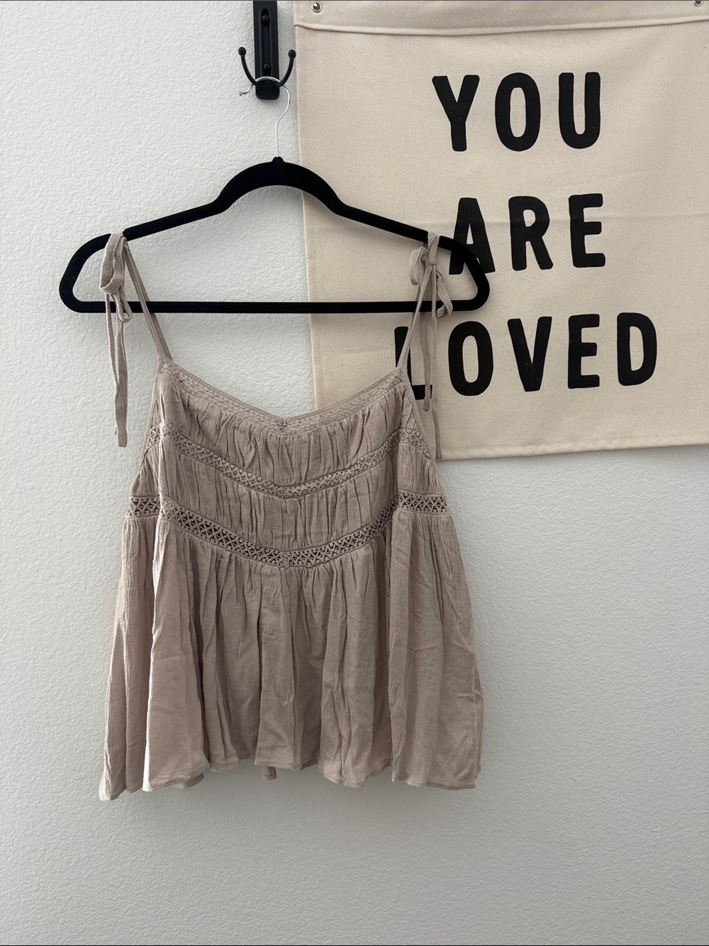 Carly Jean Los Angeles Taupe Tie-Shoulder Lace-Trim Cami